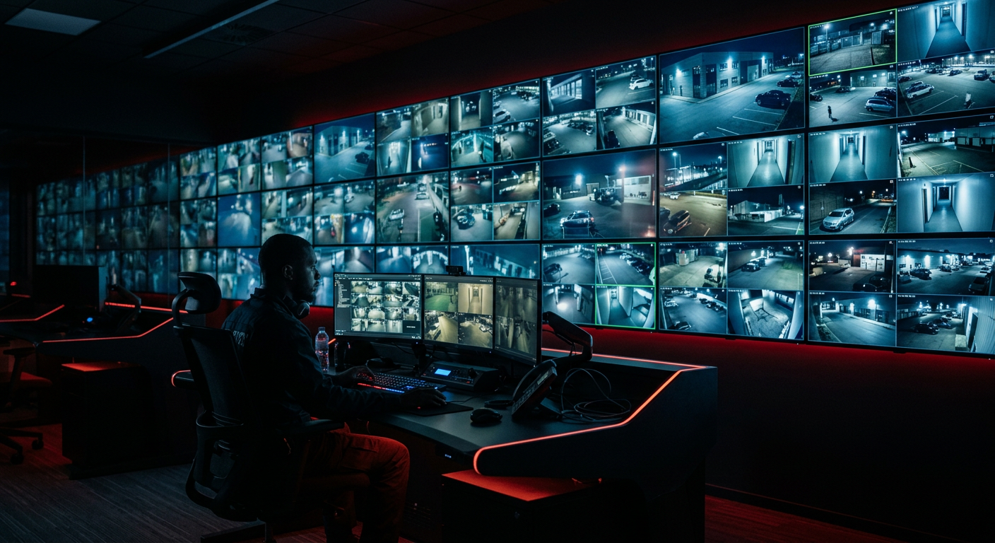 Security operations room with a wall of CCTV monitors